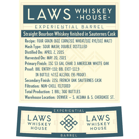 Laws Experiential Barrel Straight Bourbon Finished in Sauternes Casks - Goro's Liquor