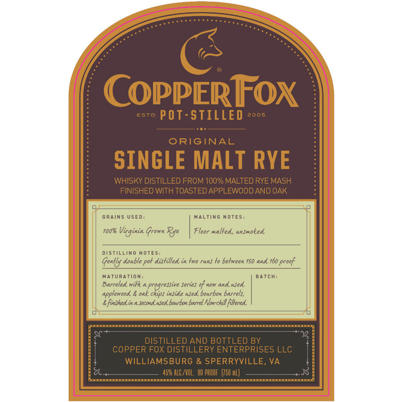 Copper Fox Original Single Malt Rye Whiskey - Goro&