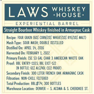 Laws Experiential Barrel Straight Bourbon Finished in Armagnac Cask - Goro's Liquor