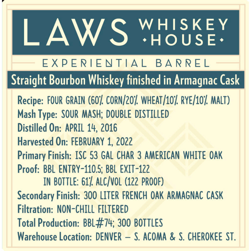 Laws Experiential Barrel Straight Bourbon Finished in Armagnac Cask - Goro&