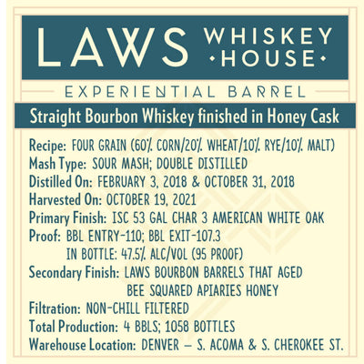 Laws Experiential Barrel Straight Bourbon Finished in Honey Cask - Goro's Liquor