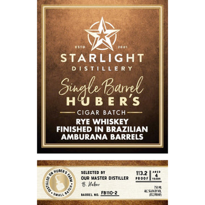 Starlight Huber’s Cigar Batch Rye Finished In Brazilian Amburana Barrels - Goro's Liquor