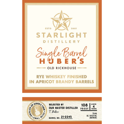 Starlight Rye Whiskey Finished in Apricot Brandy Barrels - Goro's Liquor